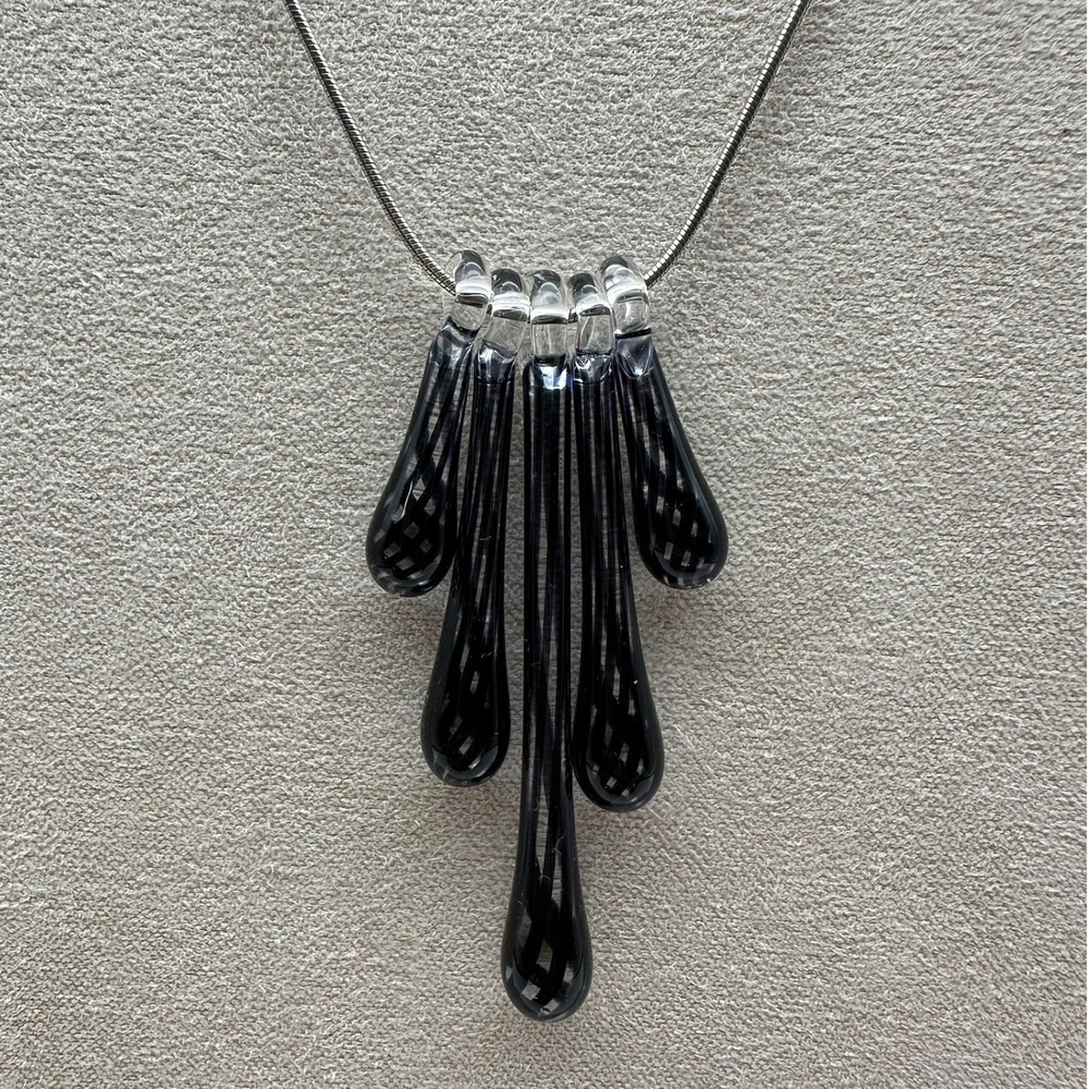 Vintage Italy Womens Necklace 925 Sterling Silver Black Glass Teardrop Art Deco